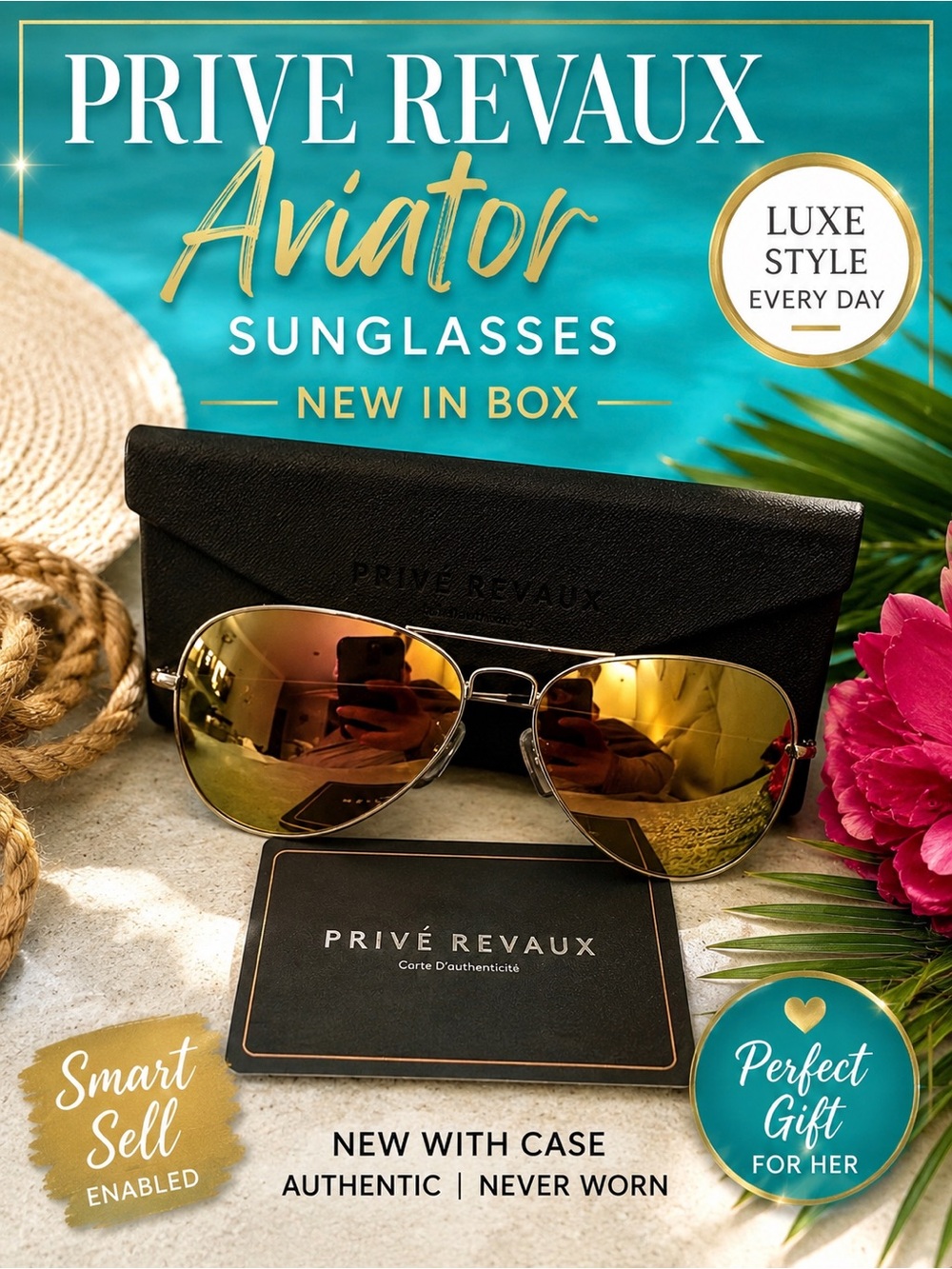 Privé Revaux Gold Mirrored Aviator Sunglasses NWT + Case $39 MSRP